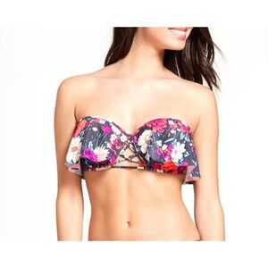 Shade & Shore Women's Floral Padded Halter Bikini Top‎ 36B Flare Lace Up Detail